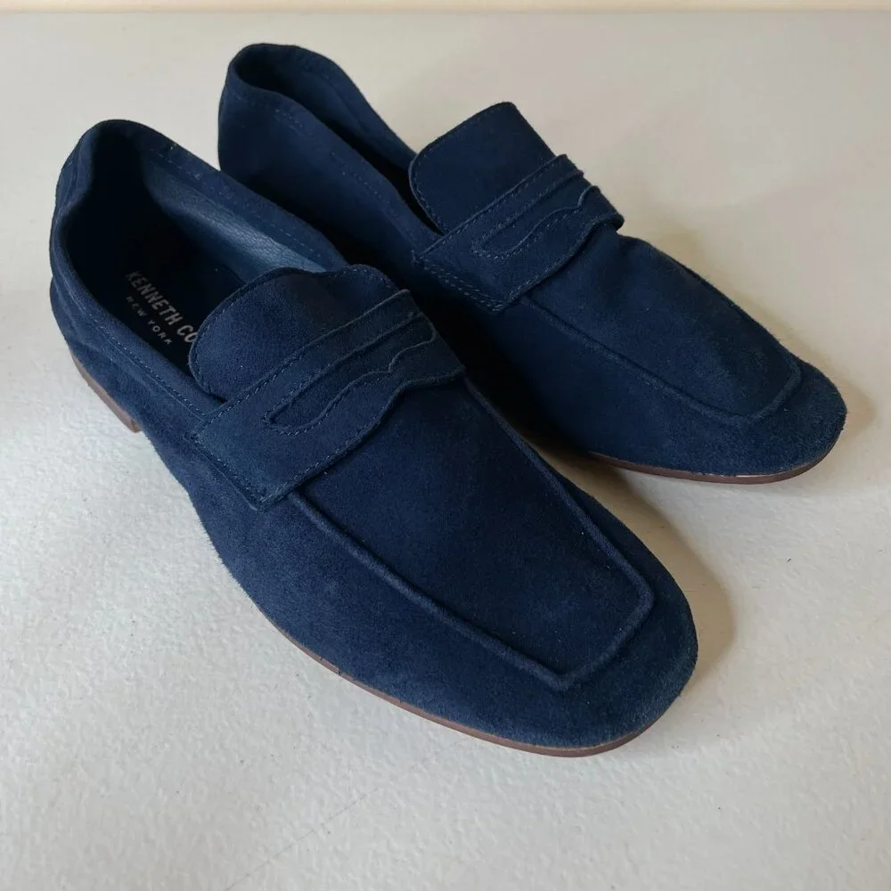 Kenneth Cole Dean Navy Unlined Suede Flexible Penny Loafer Flats Size 6